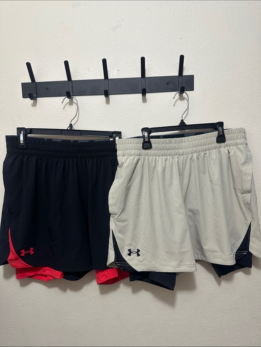 Under Armour Mens Dual-Pair Athletic Shorts - Black, Red & Light Gray